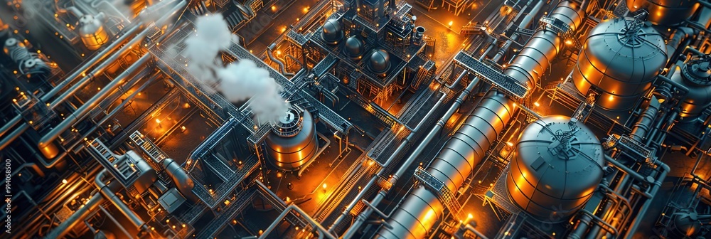 Aerial View of an Industrial Complex with Steam and Lights