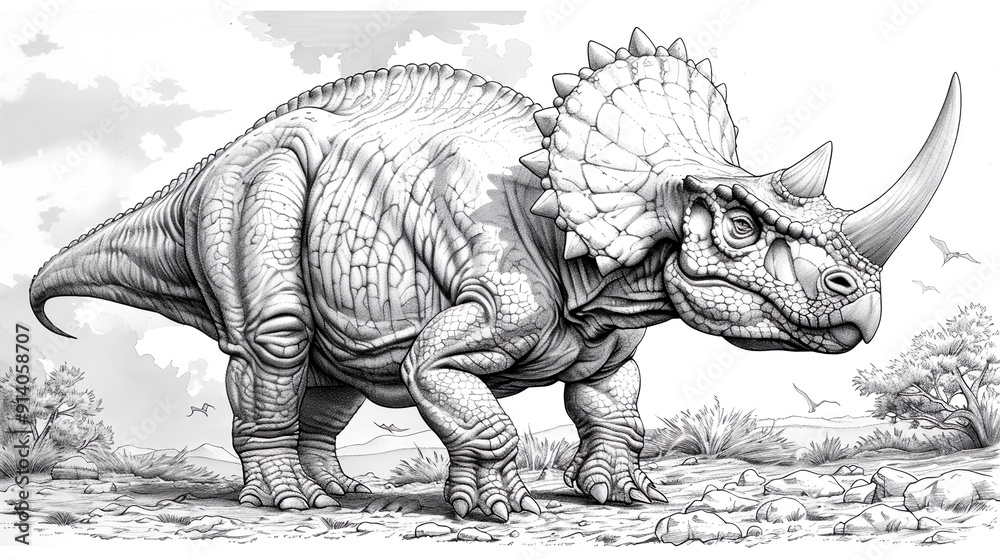 Fototapeta premium Black and white illustration of a pachyrhinosaurus dinosaur in a prehistoric mountainous landscape