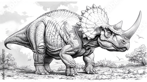Black and white illustration of a pachyrhinosaurus dinosaur in a prehistoric mountainous landscape