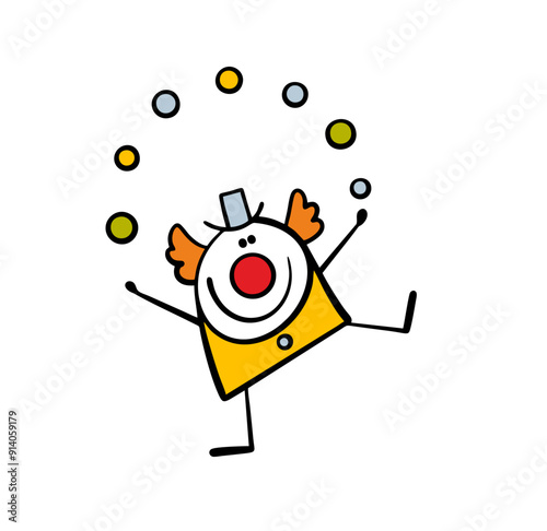 Hand drawn cheerful red-haired clown performs in a circus or theater. Cartoon vector illustration of an artist showing act on a performance. Doodle man is juggling balls.