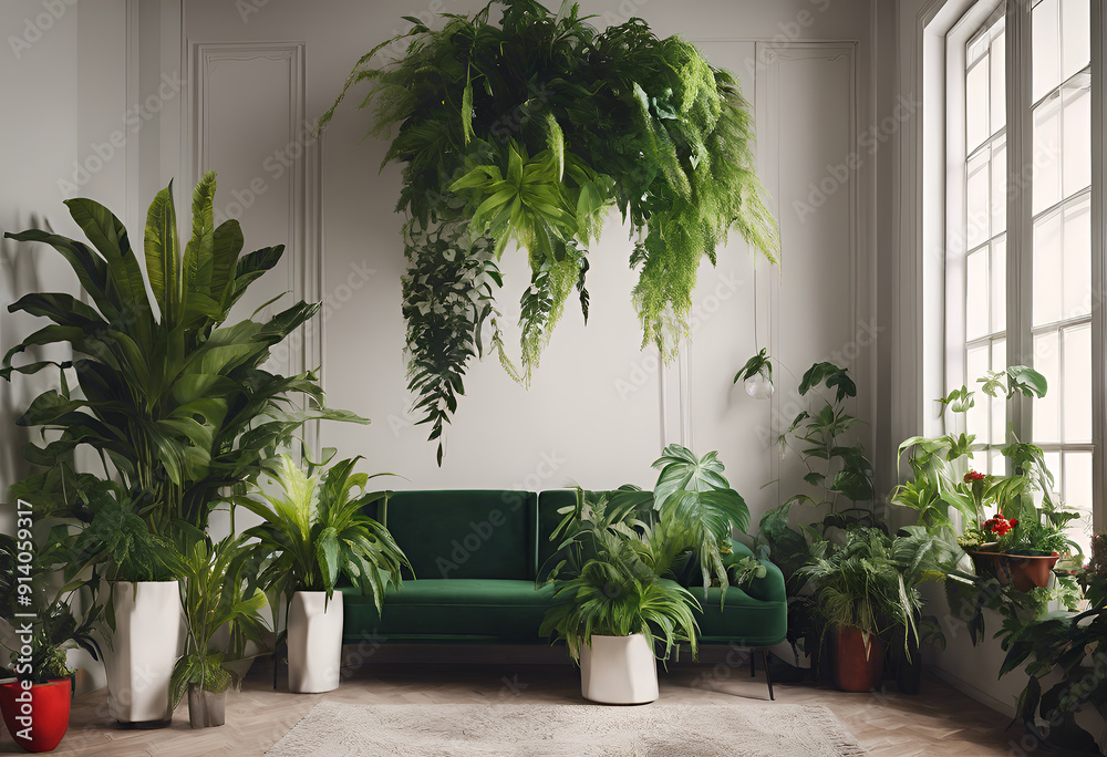 Fototapeta premium Botanical Bliss: A Luxurious Living Space Surrounded by Nature