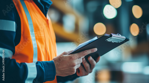 Worker in safety vest checking clipboard in warehouse