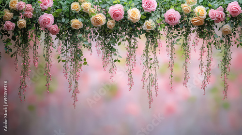 Fototapeta Naklejka Na Ścianę i Meble -  Elegant colorful with vibrant flower hanging branches illustration background. Bright color 3d abstraction wallpaper for interior mural, Generated by AI	
