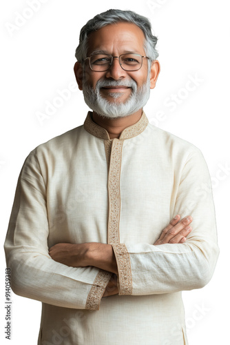 Mature Old Indian Man in Traditional Attire Smiling Confidently with Arms Crossed, Senior Male Model Wearing Ivory Kurta, Transparent Background