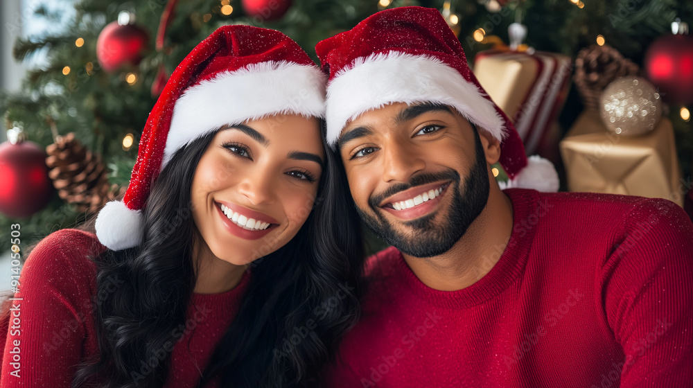 A joyful couple wearing Santa hats poses in front of a decorated Christmas tree, sharing the festive holiday spirit together A joyful couple wearing Santa hats poses in front of a decorated Christmas tree, sharing the festive holiday spirit together