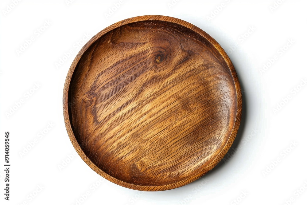 Bird s eye view of empty wooden plate on white background Bird s eye view of empty wooden plate on white background