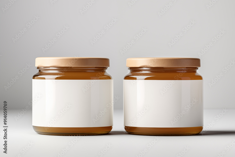 honey jars with blank labels isolated on grey background honey jars with blank labels isolated on grey background