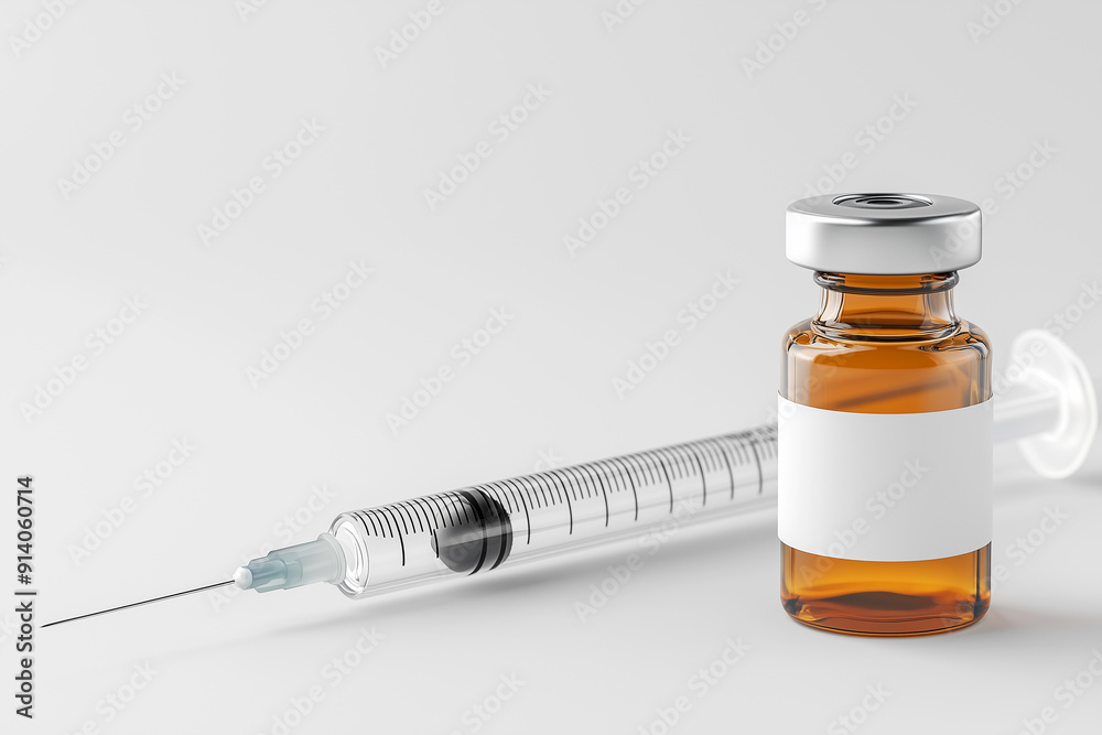 A small brown glass vial with a white label and a grey metal cap, next to a long shiny plastic syringe on a light gray background. A small brown glass vial with a white label and a grey metal cap, next to a long shiny plastic syringe on a light gray background.