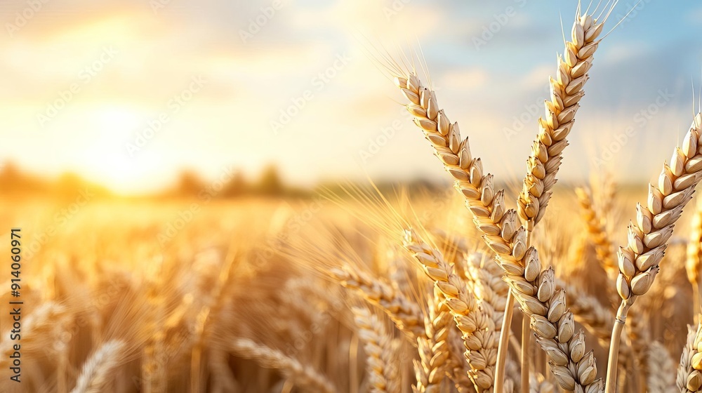 Fototapeta premium Golden wheat field at sunset, glowing and peaceful countryside, wheat field sunset, rustic charm