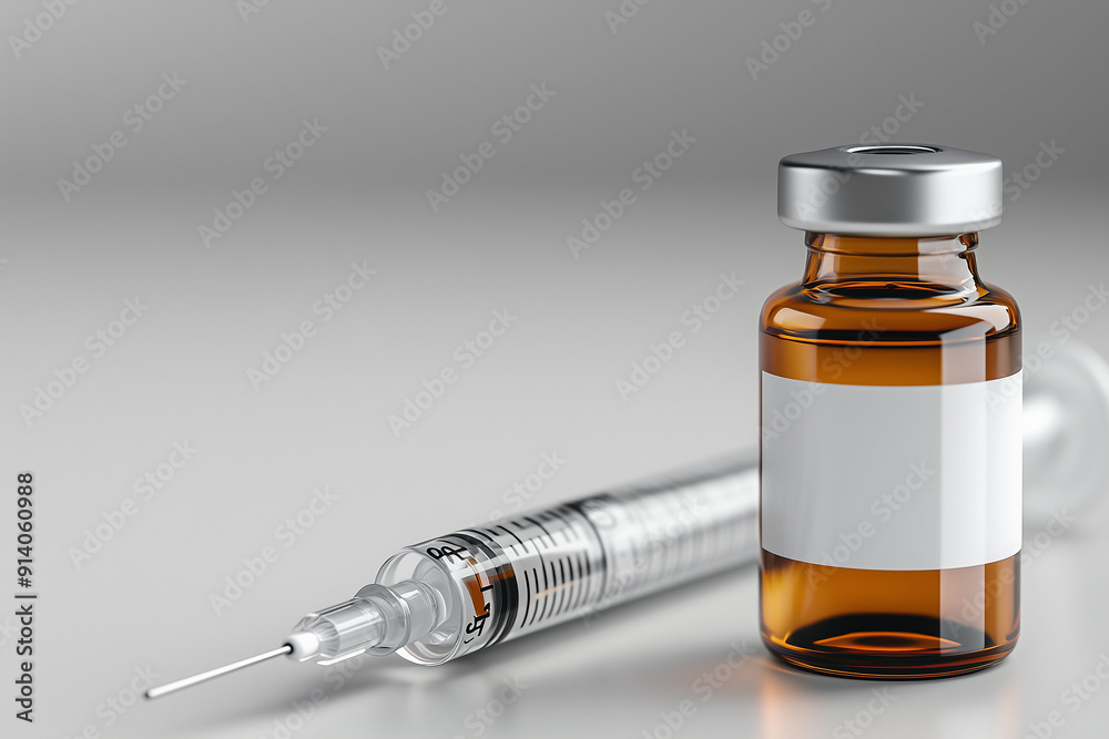 A small brown glass vial with a white label and a grey metal cap, next to a long shiny plastic syringe on a light gray background. A small brown glass vial with a white label and a grey metal cap, next to a long shiny plastic syringe on a light gray background.