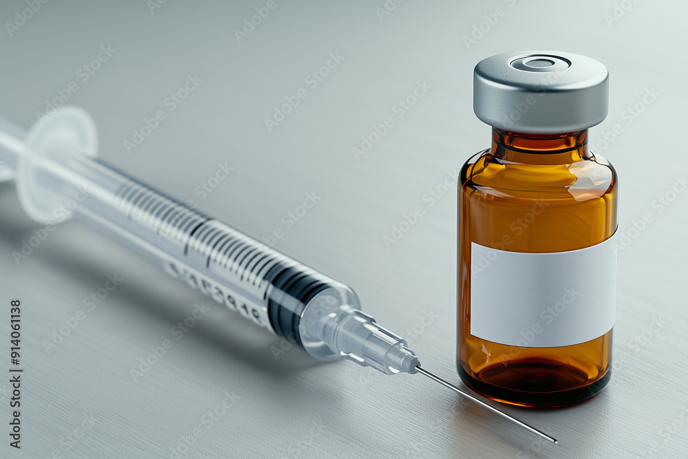 A small brown glass vial with a white label and a grey metal cap, next to a long shiny plastic syringe on a light gray background. A small brown glass vial with a white label and a grey metal cap, next to a long shiny plastic syringe on a light gray background.