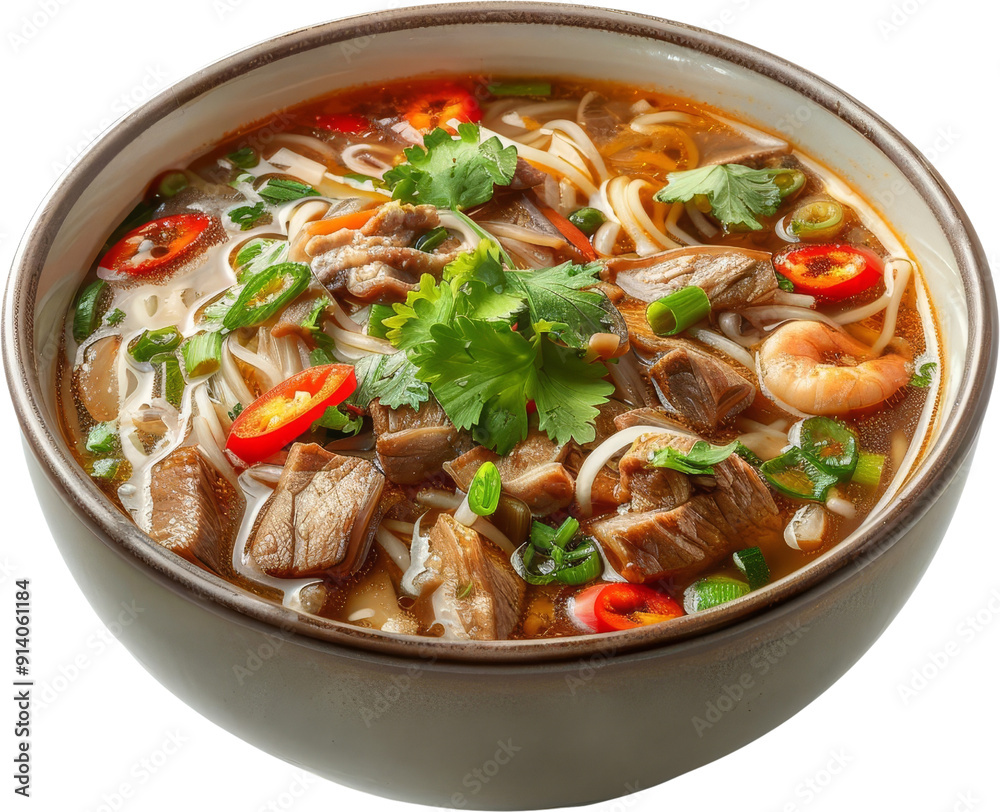 A bowl of steaming Asian noodle soup with meat, shrimp, and vegetables. A bowl of steaming Asian noodle soup with meat, shrimp, and vegetables.