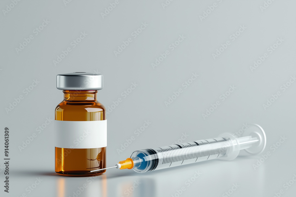 A small brown glass vial with a white label and a grey metal cap, next to a long shiny plastic syringe on a light gray background. A small brown glass vial with a white label and a grey metal cap, next to a long shiny plastic syringe on a light gray background.