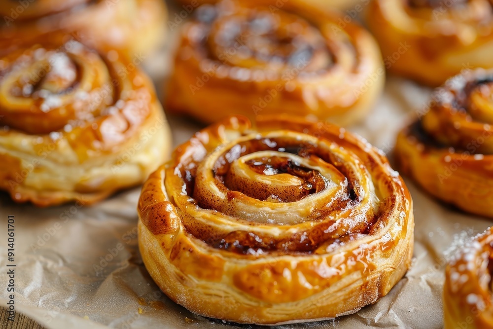 Cinnamon Raisin Roll on baking paper with Danish swirls Delicious close up Cinnamon Raisin Roll on baking paper with Danish swirls Delicious close up