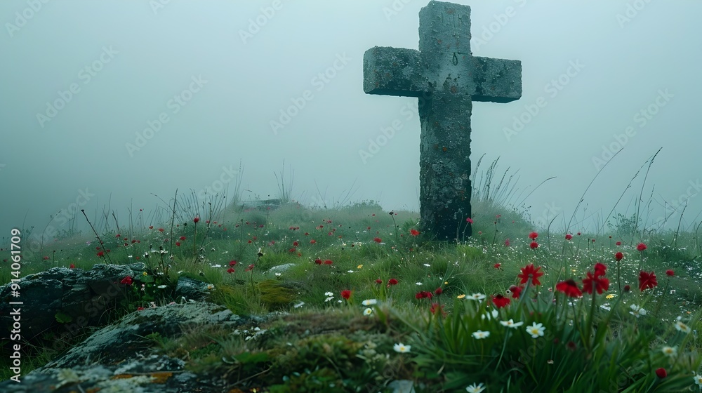 Ancient Stone Cross on a Misty Hilltop Surrounded by Wildflowers and Overgrown Grass Ancient Stone Cross on a Misty Hilltop Surrounded by Wildflowers and Overgrown Grass
