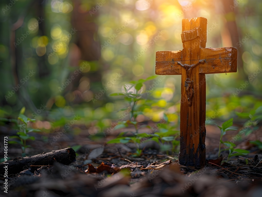 Rustic Wooden Cross in Serene Forest Landscape Dappled Sunlight Filtering Through Trees Tranquil Place of Reflection Rustic Wooden Cross in Serene Forest Landscape Dappled Sunlight Filtering Through Trees Tranquil Place of Reflection