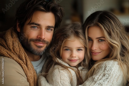 cozy family scene parents and young daughter snuggling on plush sofa warm lighting soft textures inviting living room ambiance neutral color palette with pops of warm tones