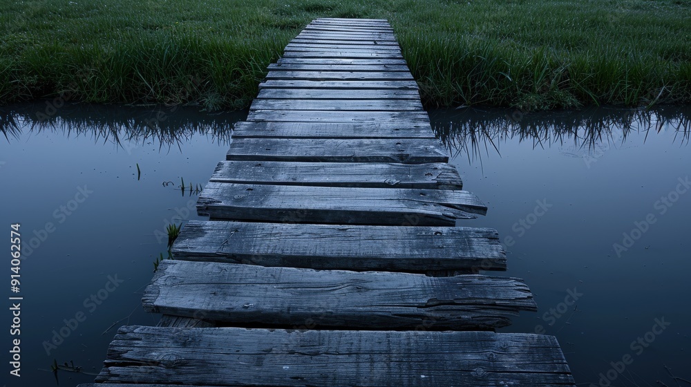 Fototapeta premium Decayed wooden bridge, missing planks, over a stagnant pond
