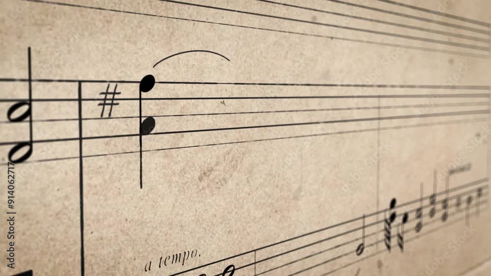 Notes on staves gradually appear on music score paper in animation, depth of field, concept background for musical content