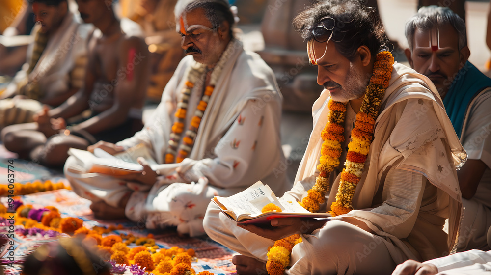 Men in traditional robes and turbans reciting prayers at a religious ceremony in a mosque. Men in traditional robes and turbans reciting prayers at a religious ceremony in a mosque.