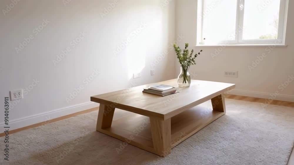 A minimalist interior featuring a wooden table and a vase of flowers