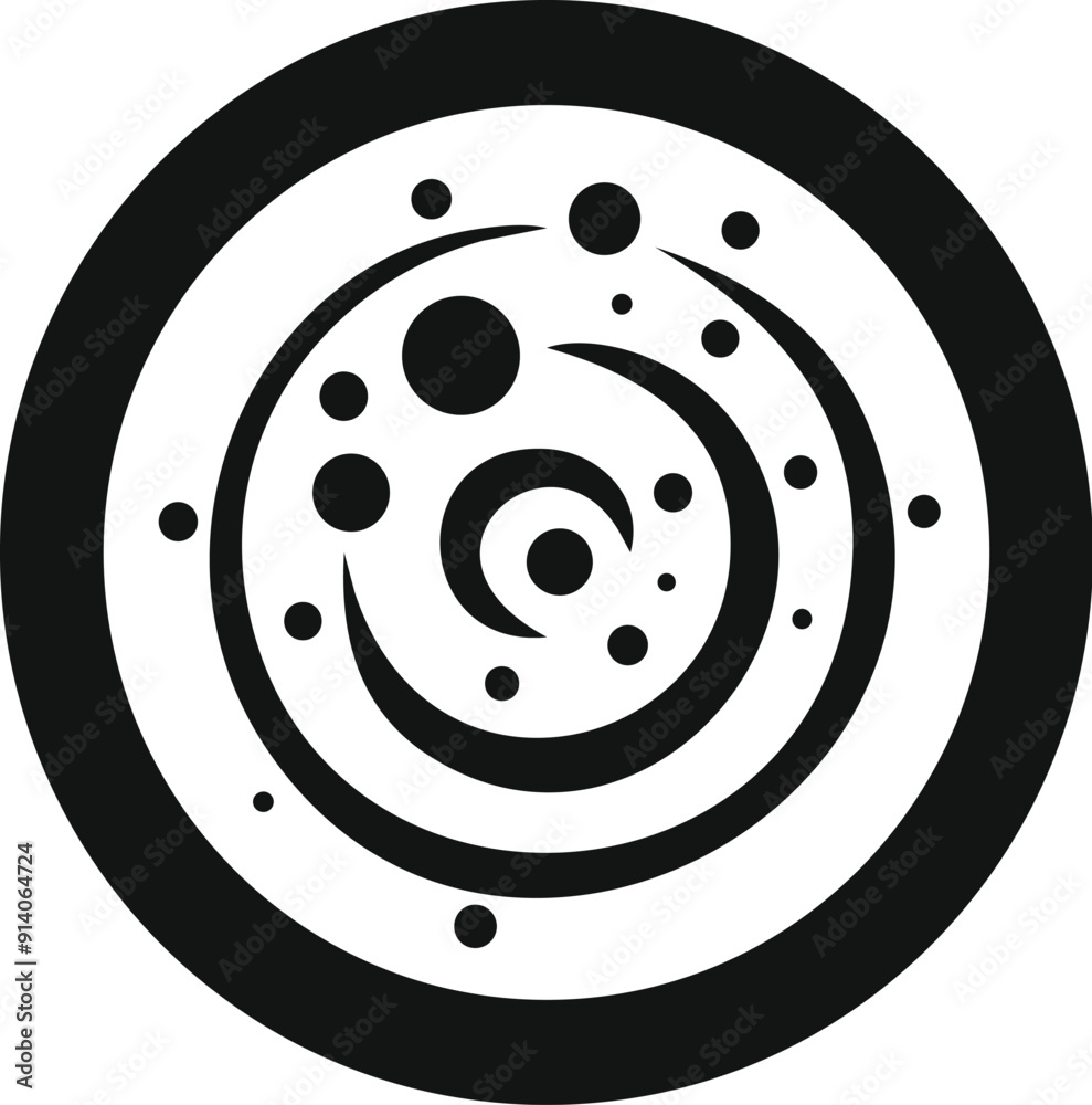 Bold black and white abstract design featuring a circular composition with swirling lines and dots