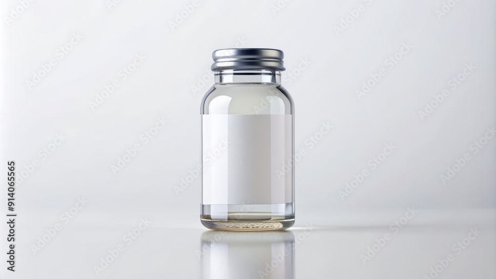 Isolated small glass bottle with blank white label on a white background, perfect for product packaging mockup or brand design template. Isolated small glass bottle with blank white label on a white background, perfect for product packaging mockup or brand design template.