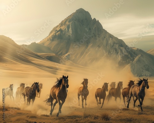 A herd of wild mustang horses gallop on a beautiful green hill in the mountains