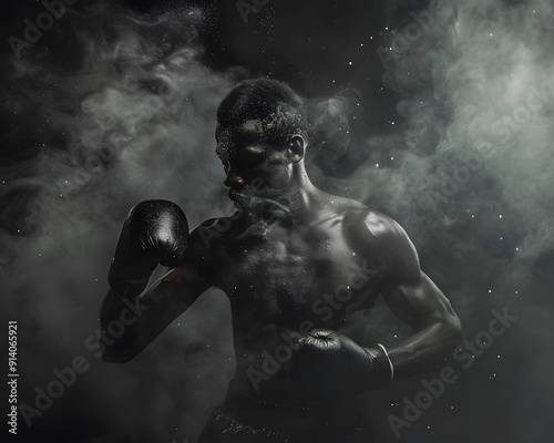 A muscular boxer stands in a cloud of smoke, his face obscured by shadow, his fists raised in a fighting stance.