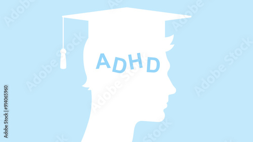 ADHD among students. Concept of mental disorders - inattention, hyperactivity, impulsivity. Male figure in graduation cap and letters ADHD on top. Simplicity vector illustration.