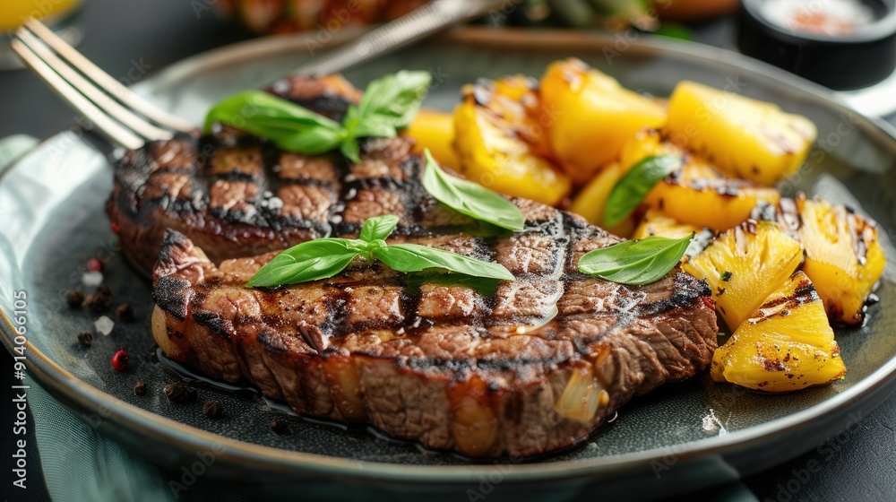 Tasty juicy beef steak with fresh pineapple on table Tasty juicy beef steak with fresh pineapple on table