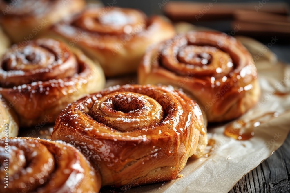 Closeup of cinnamon rolls on parchment paper under warm oven light Closeup of cinnamon rolls on parchment paper under warm oven light
