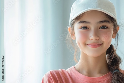 Portrait of a Smiling Girl Wearing a White Cap