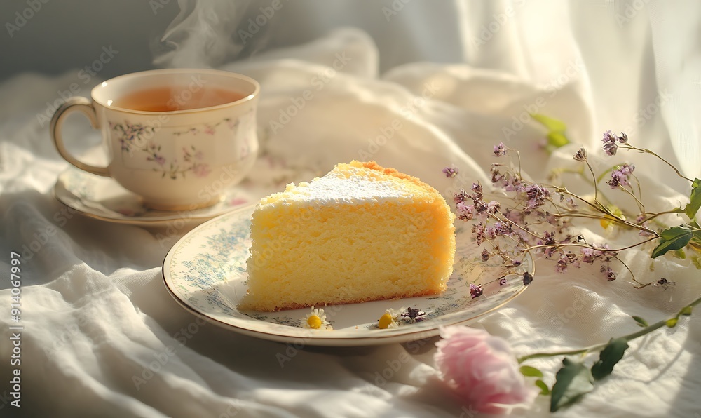 Tea Time with a Slice of Cake and Delicate Flowers Tea Time with a Slice of Cake and Delicate Flowers