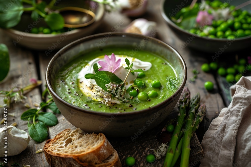 Creamy soup with asparagus peas watercress toast and garlic cream cheese Creamy soup with asparagus peas watercress toast and garlic cream cheese