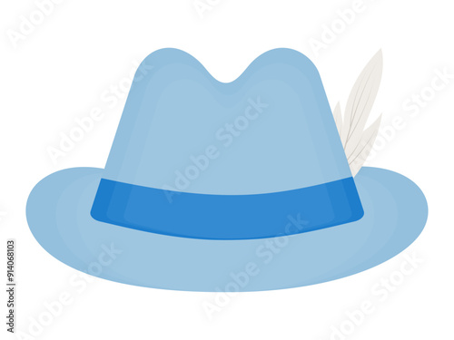 Blue hunter hat with feather. Oktoberfest and father's day hat isolated on transparent and white background. Close-up element for holiday design decoration. Vector cartoon illustration. Beer festival.
