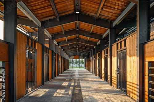 Create modern horse farm with wooden and steel structures and natural light for horse education center