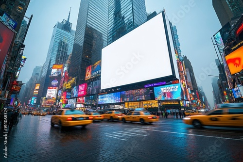 Large Blank Billboard in Times Square with Yellow Cabs