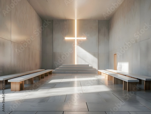 Serene and Contemporary Church Interior with Minimalist Cross Focal Point
