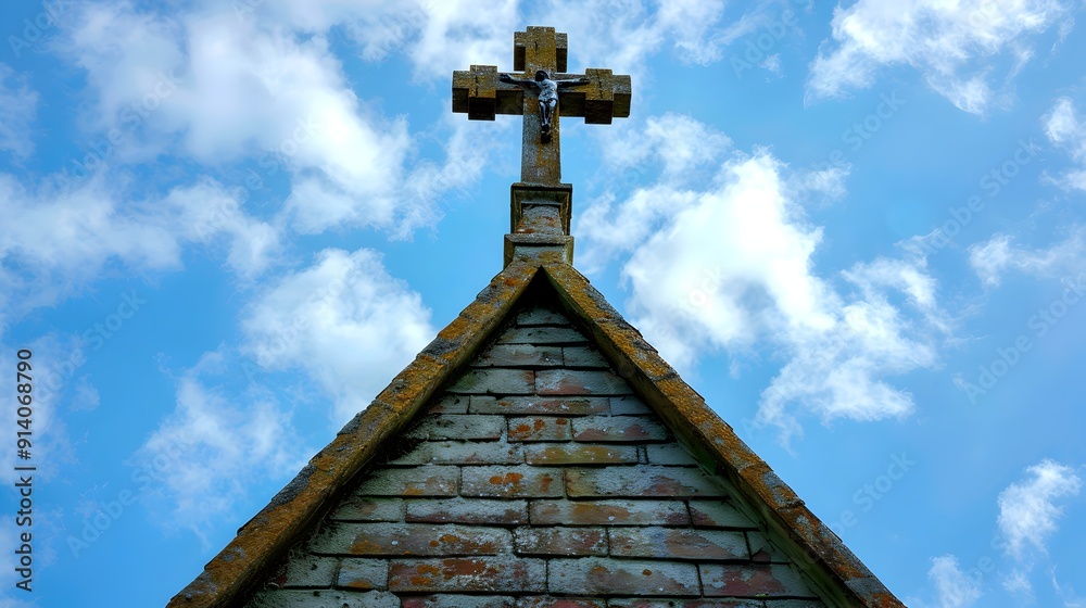 Cross on a Quaint Village Church Steeple with a Scenic Sky and Clouds Cross on a Quaint Village Church Steeple with a Scenic Sky and Clouds