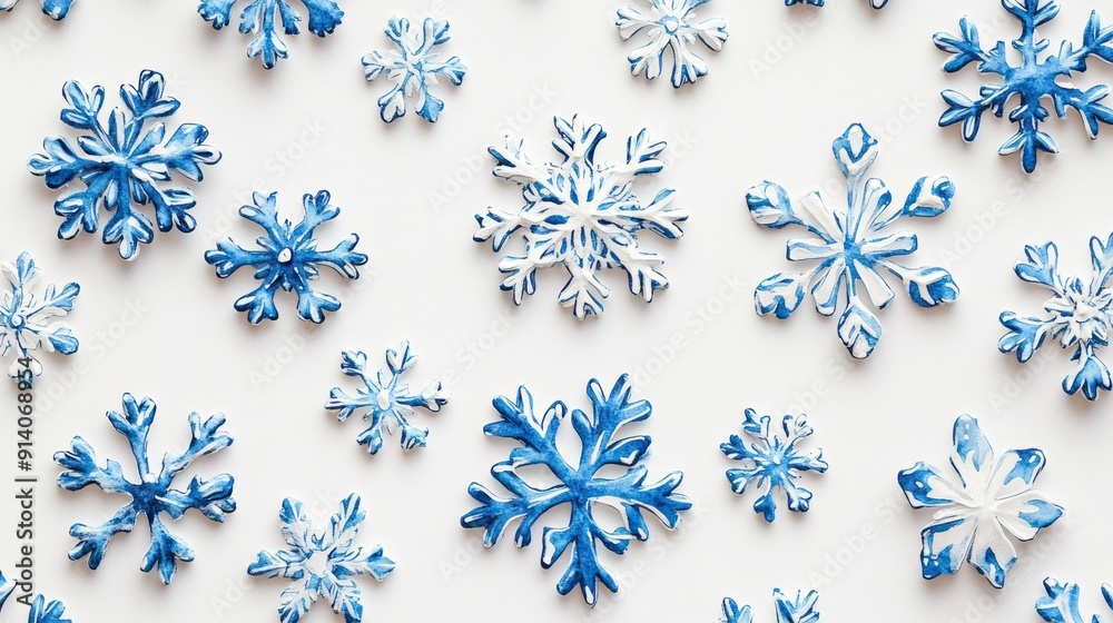 3D Watercolor Blue & White Snowflakes with Bold Outline - Stock Image 3D Watercolor Blue & White Snowflakes with Bold Outline - Stock Image