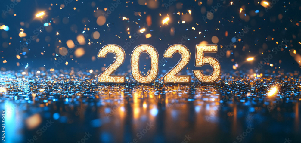 Golden 2025 number with sparkling lights and confetti for New Year celebration. Festive and futuristic atmosphere with vibrant bokeh background.