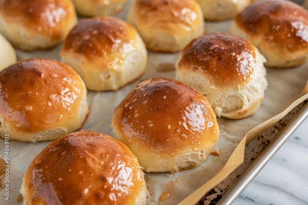 Dinner rolls with egg wash on parchment lined baking sheet Dinner rolls with egg wash on parchment lined baking sheet