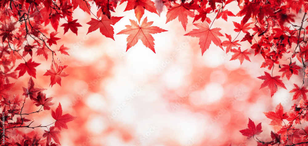 Beautiful autumn scene featuring vivid red maple leaves framing a blurred background, perfect for seasonal and nature-themed designs. The leaves are scattered all , Thanksgiving day or Halloween