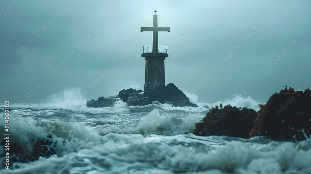 Fototapeta premium Towering Lighthouse Cross Guiding Ships Through Stormy Seas