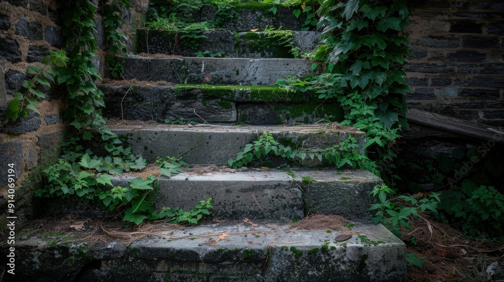 Crumbling stone staircase, overgrown with ivy, in an old mansion Crumbling stone staircase, overgrown with ivy, in an old mansion