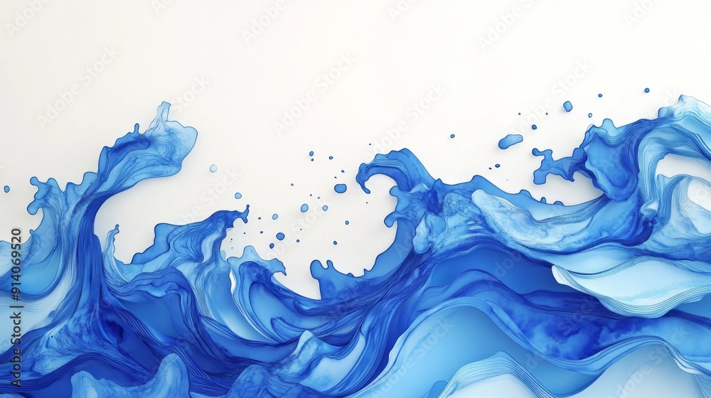 3D Watercolor Blue Waves with Bold Outlines: Digital Painting - Stock Image 3D Watercolor Blue Waves with Bold Outlines: Digital Painting - Stock Image