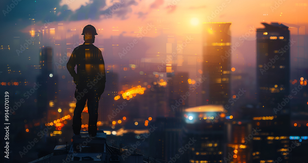 Fototapeta premium Worker overlooking an Industrial construction site at Dawn.Industrial worker at night amidst illuminated factory landscape.