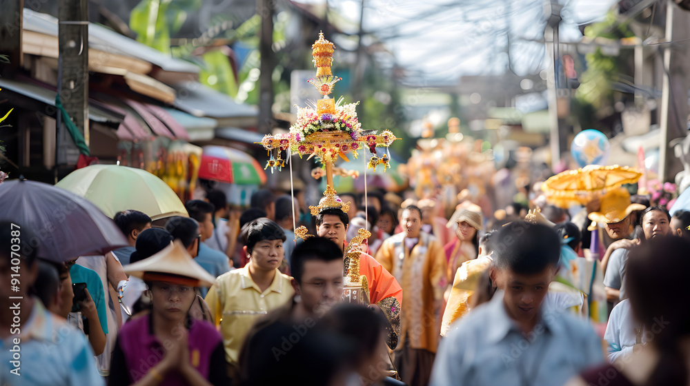Naklejka premium Devout followers march through city streets in a religious procession, carrying symbols of faith.