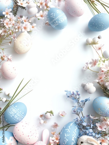 Easter eggs and flowers with copy space.
